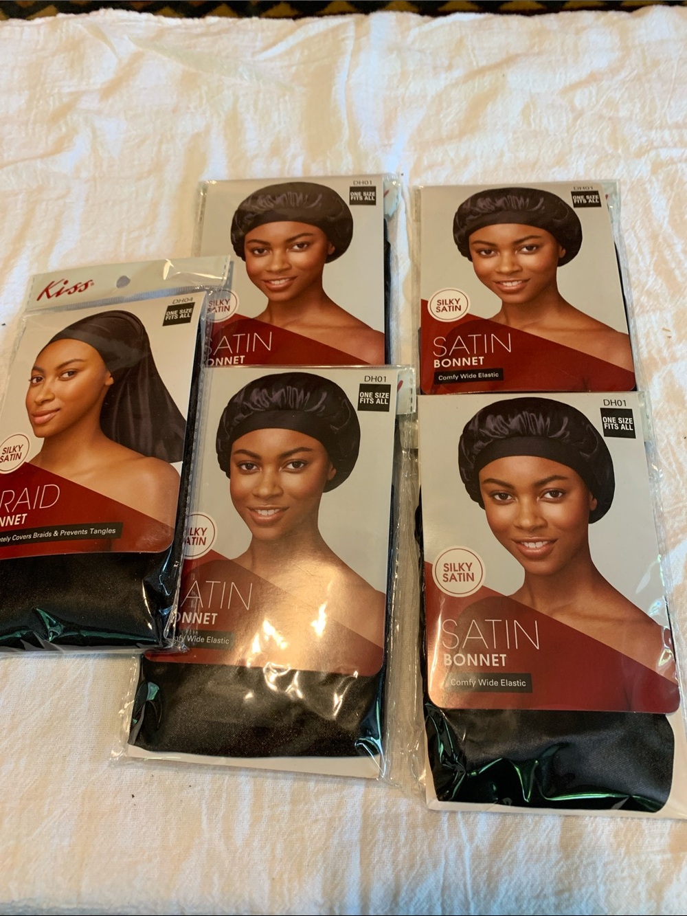 Kiss Silky Satin Bonnet 5 Pack NEW One Size Fits Most Comfy Wide band Uni-Sex